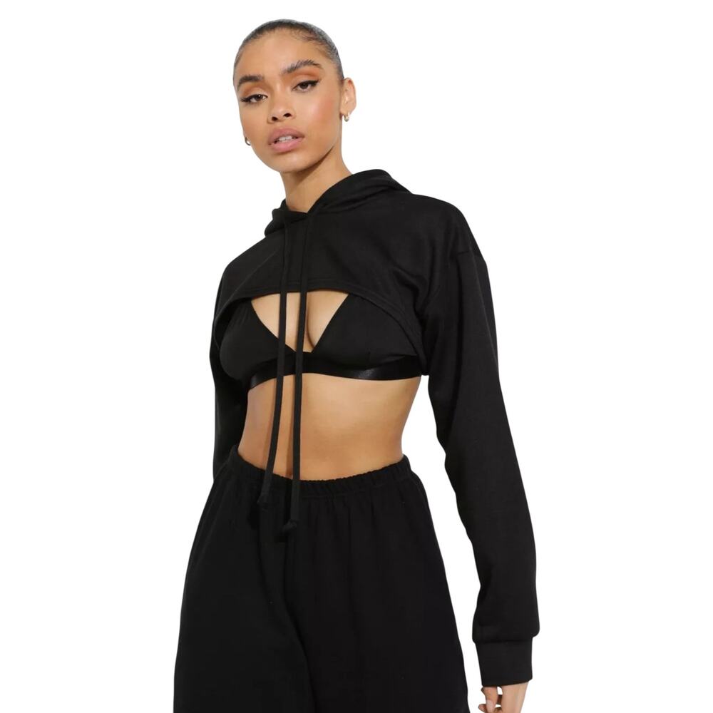 Boohoo Black super Crop hooded athletic‎ sweatshirt size 10 - NWT